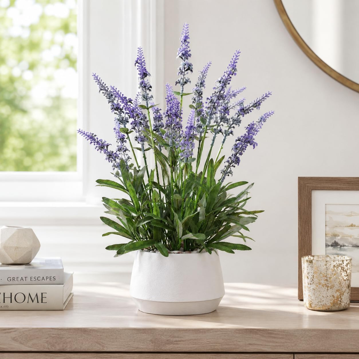 18″ Artificial Lavender Plant in White Pot – Realistic Home Decor