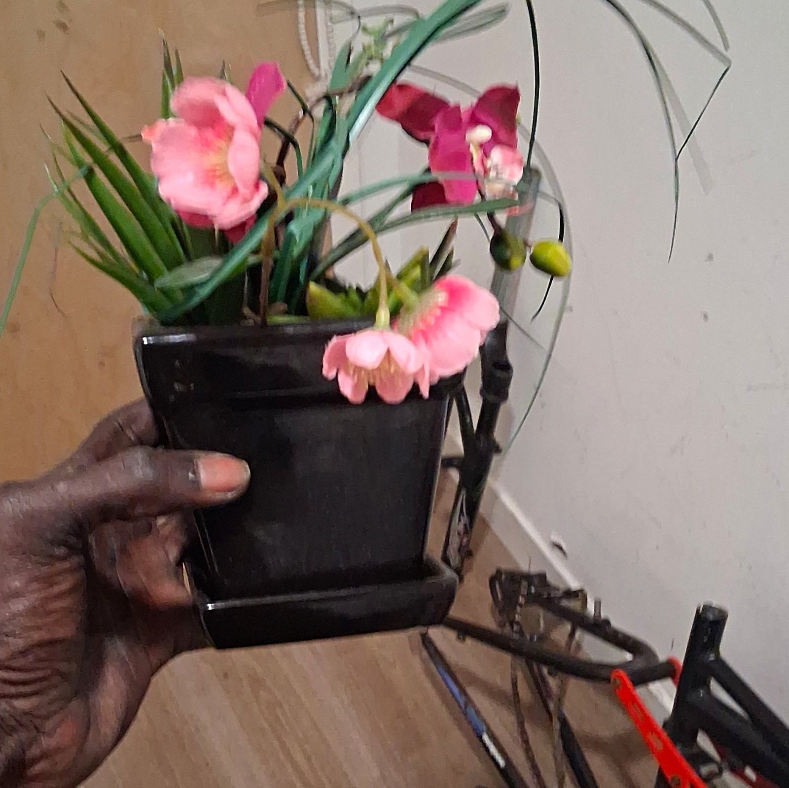 Artificial Pink Orchid Arrangement w/ Greenery Black Square Planter