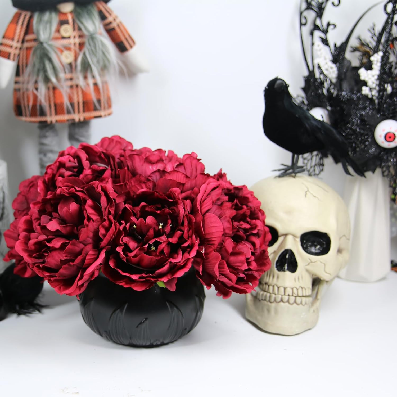 Artificial Peony for Fall Home Decoration, 5 Pcs Red Faux Peonies for Halloween