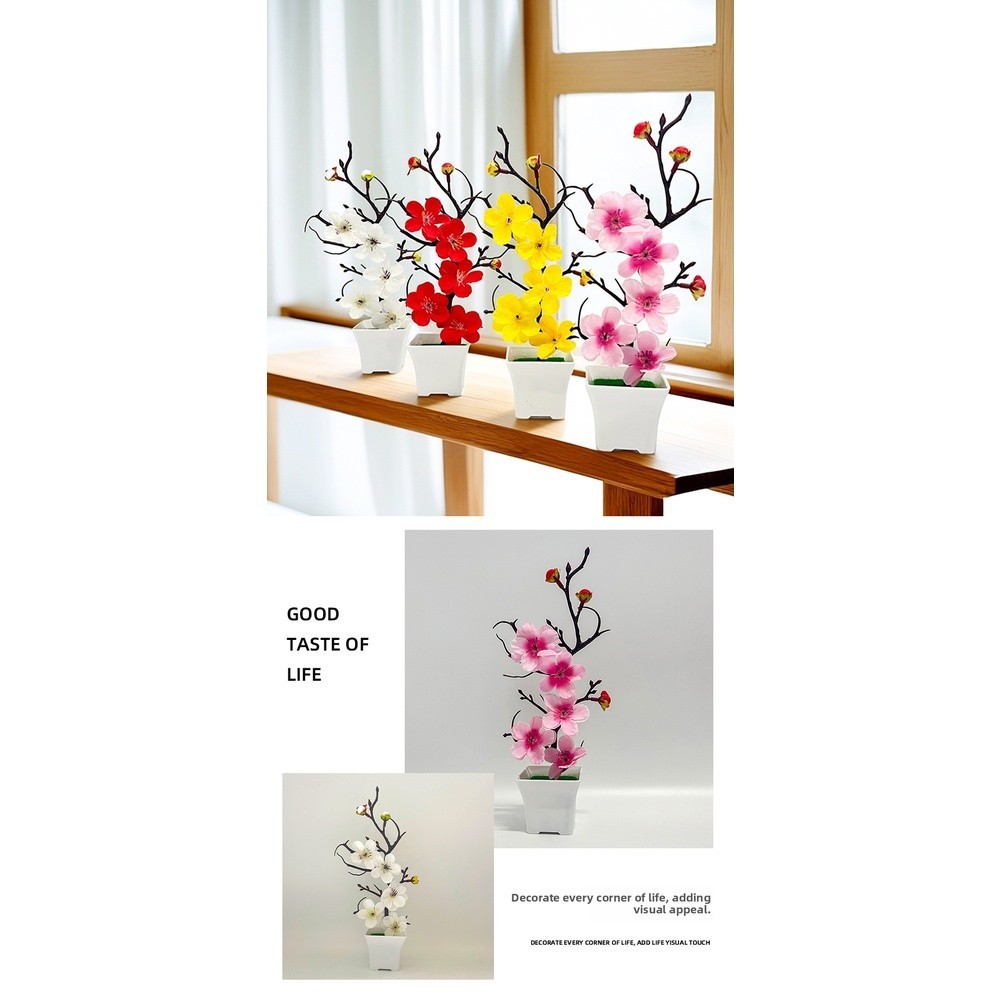 Realistic Artificial Winter Plum Flower Arrangement in Square Pot 10x10x26cm
