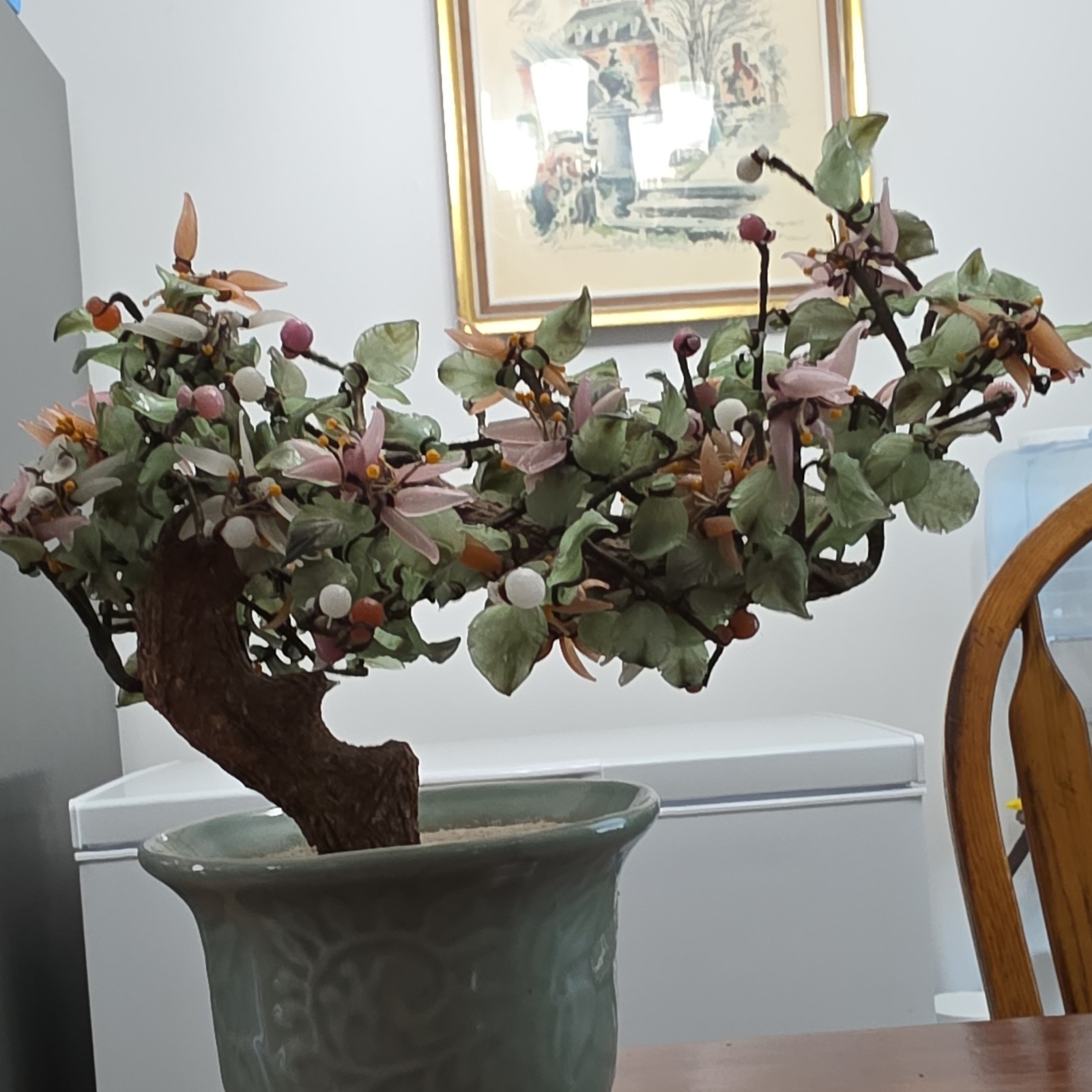Artificial Bonsai Tree Floral Arrangement, Green Ceramic Pot, Pink/White Berries