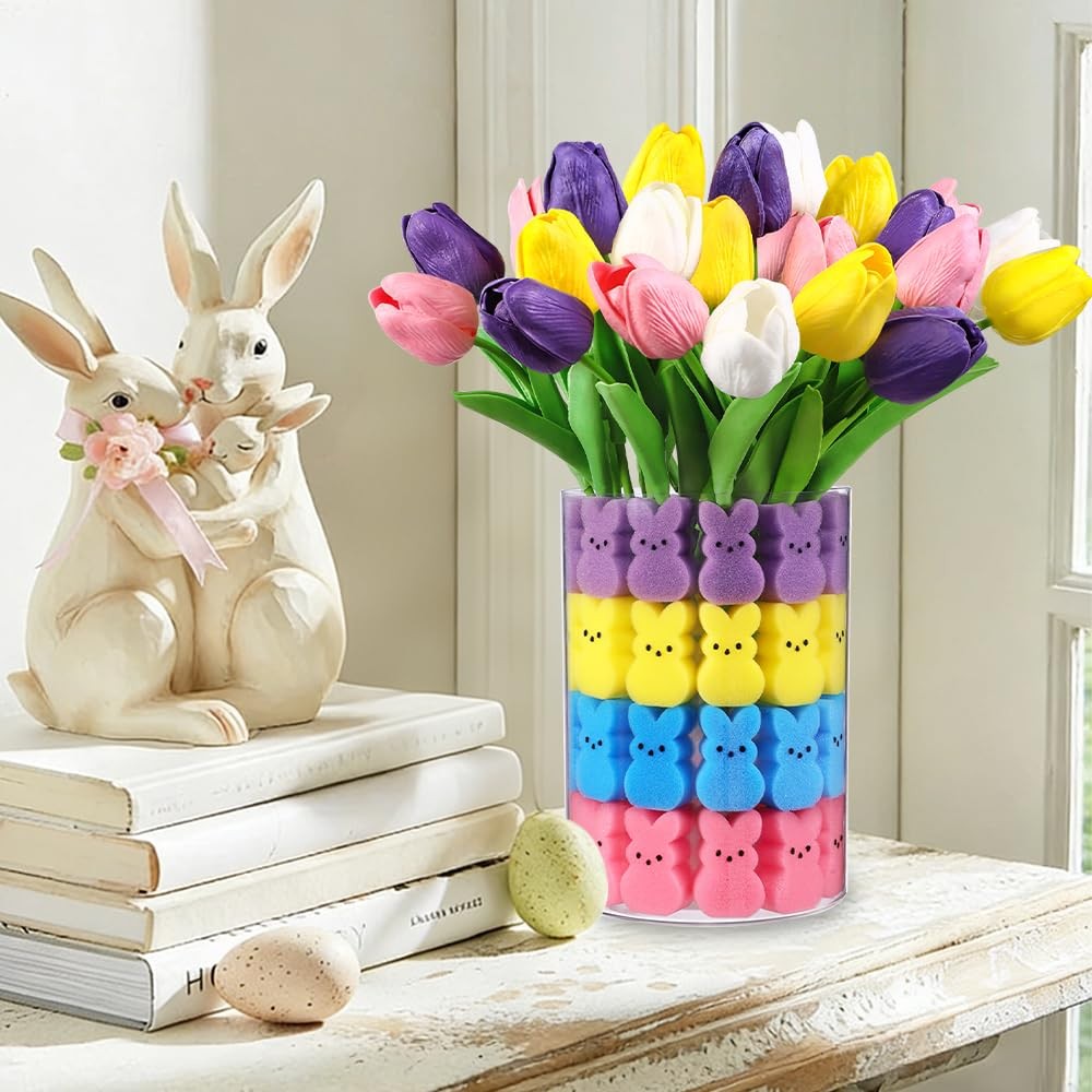 15 PCS Artificial Tulips 48 PCS Sponge Bunny Easter Vase Filler Set