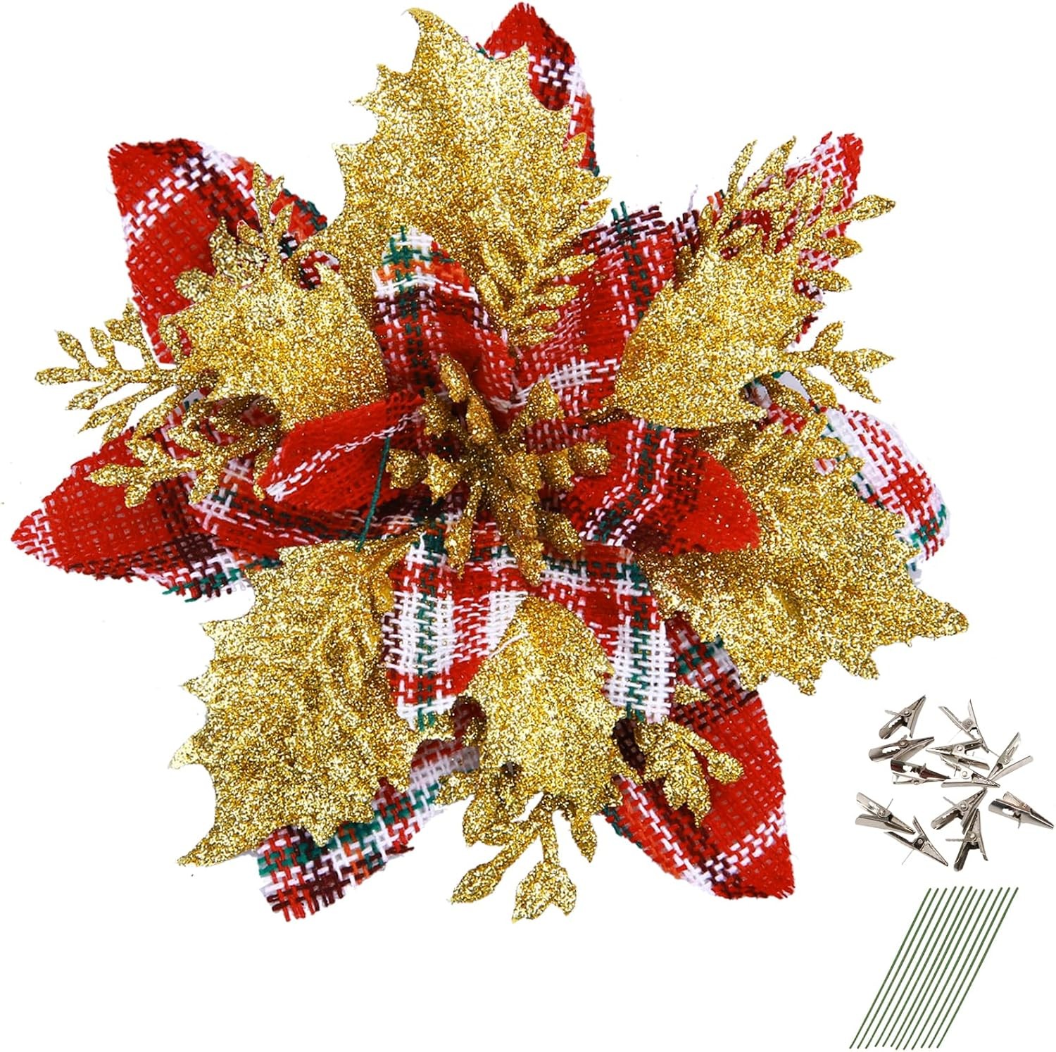 12 Pcs Glitter Poinsettia 5.5″ Artificial Flowers Christmas with Clips Stems …
