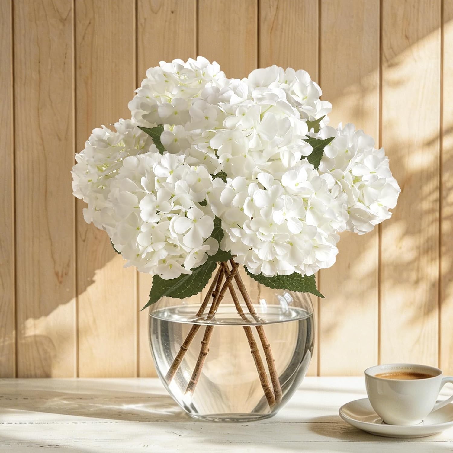 6 Pcs White Hydrangea Artificial Silk, With Stems Wedding Bouquet Decor