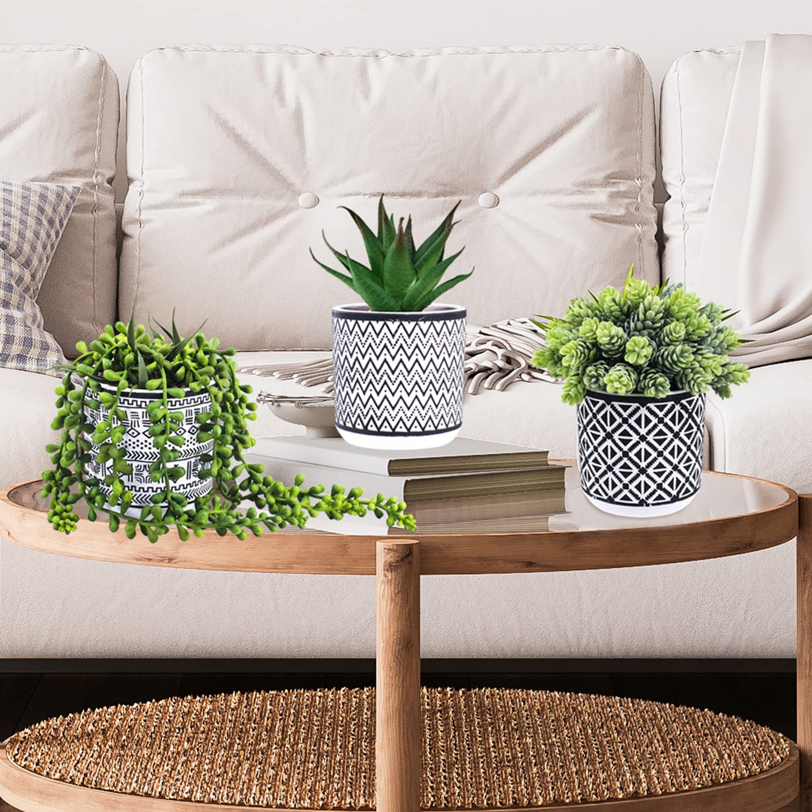 Winlyn 3 Pcs Small Potted Succulents Plants Artificial String of Pearls Aloe