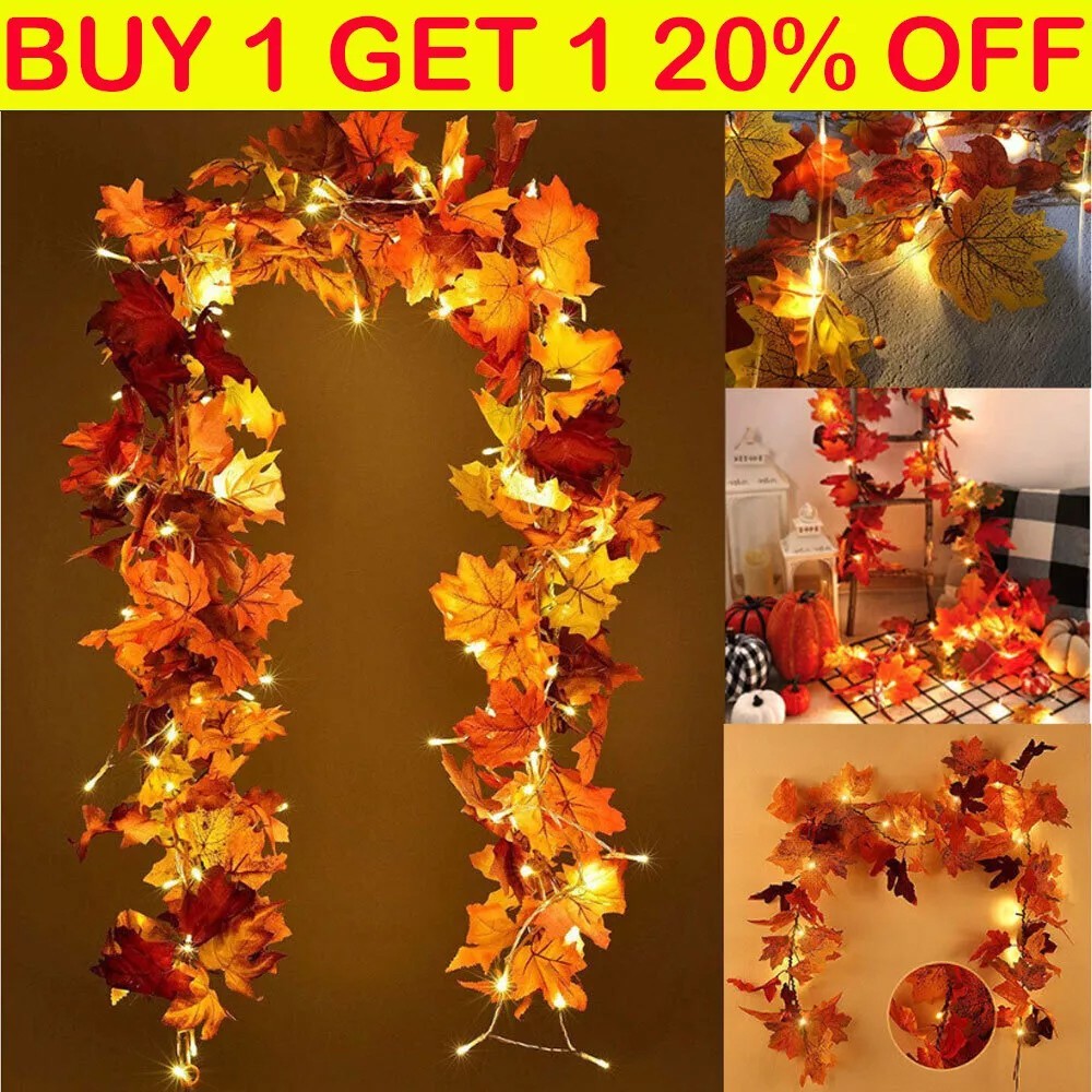 Autumn Fall Maple Leaves LED Lights Hanging Plant Halloween Artificial Flowers
