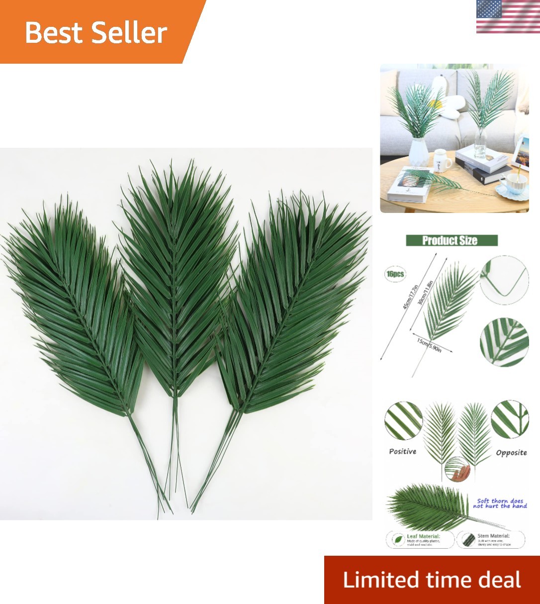 Weather-Resistant 16 PCS Palm Leaves – Lifelike Decor for Indoor & Outdoor Use