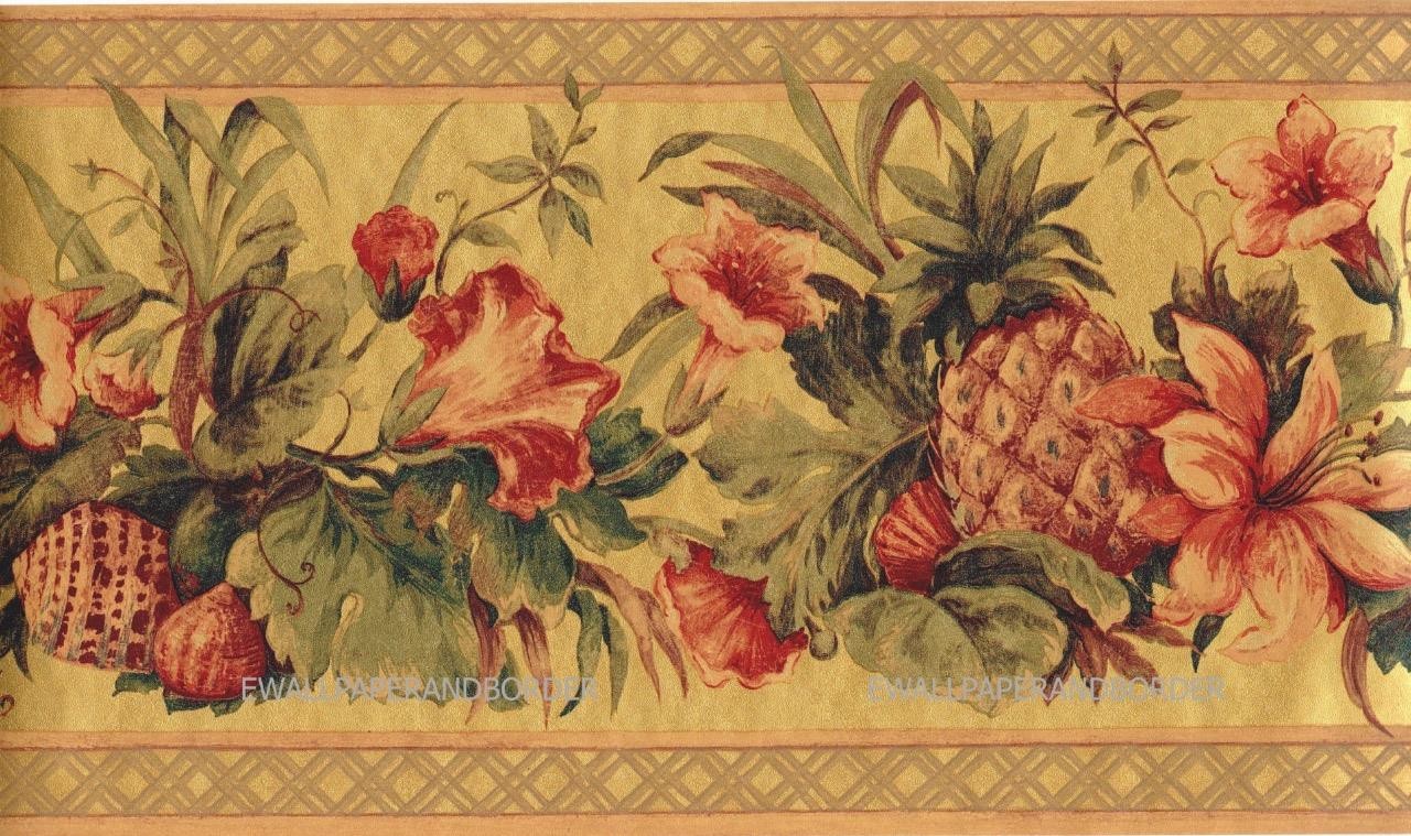 Tuscan Tuscany Kitchen Fruits and Floral with Thatch Trim Wallpaper Border -Gold