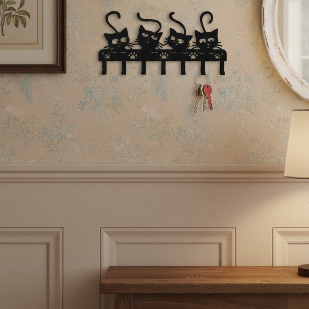7-Claw Black Cat Halloween Key Holder – Iron Entryway Wall Decor Hooks