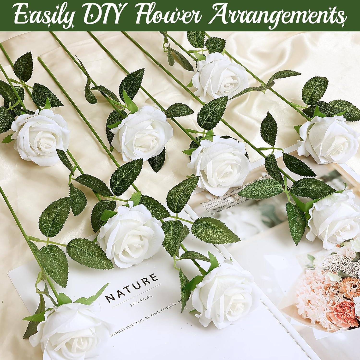 400 Pcs Roses Artificial Flowers – Fake White Roses with Long Stems Bulk Velvet