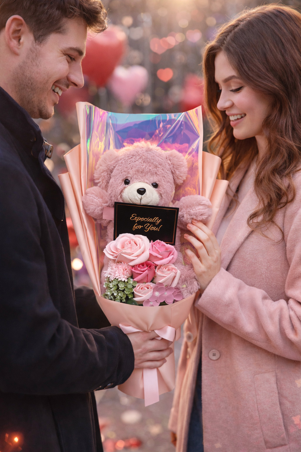 Teddy Bear Rose Flower Pink Bouquet Holiday Gift Box Anniversary Romantic Gift