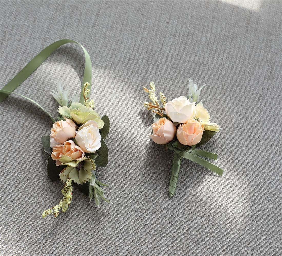 Rose Wedding Wrist Corsage Boutonniere Set Champagne Prom Flower Decor