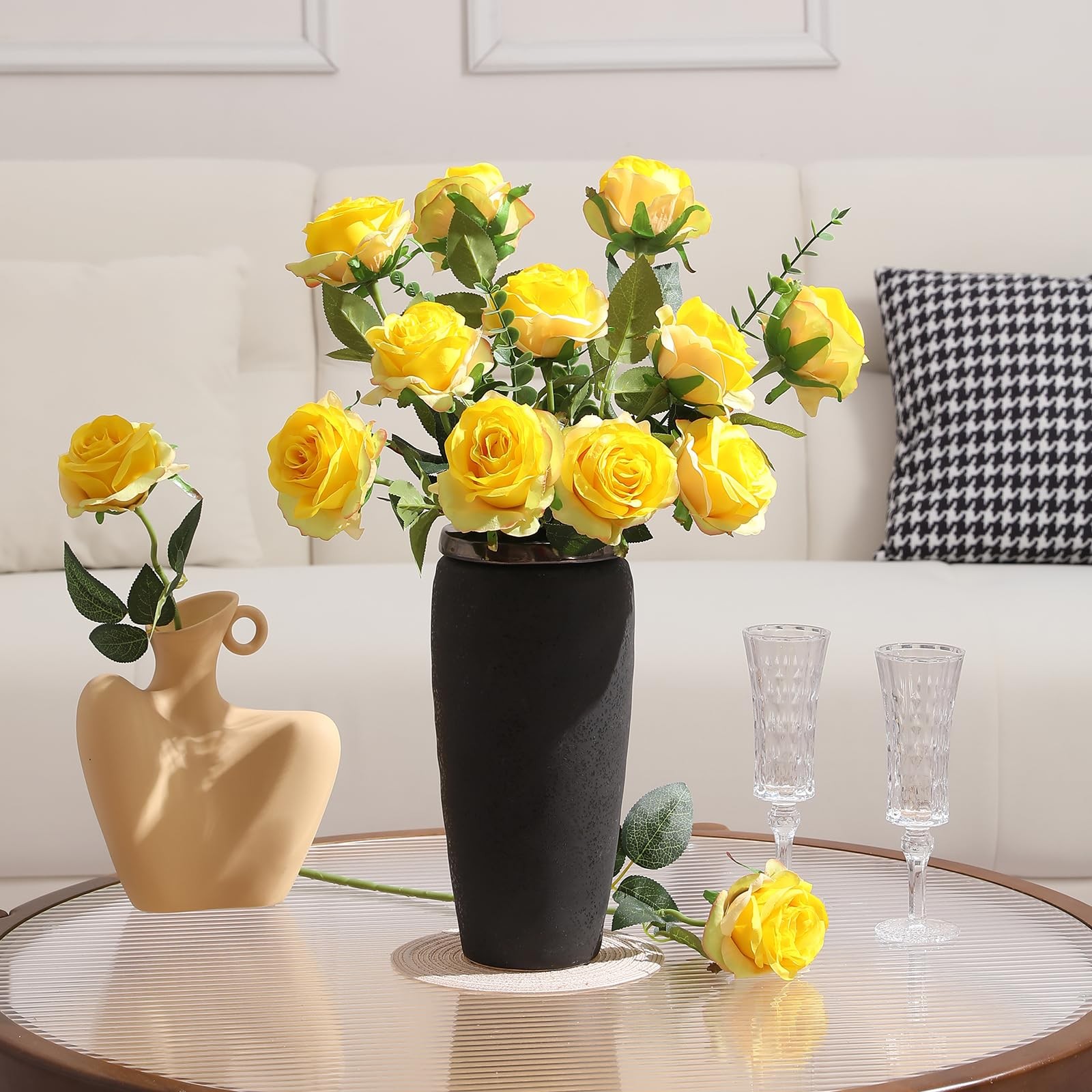 Yellow Roses Artificial Flowers -12 pcs Realistic Single Long Stem Fake Silk …