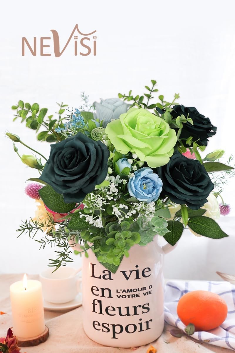 12 Emerald Green Artificial Silk Roses – Realistic Fake Flowers for DIY Wedding
