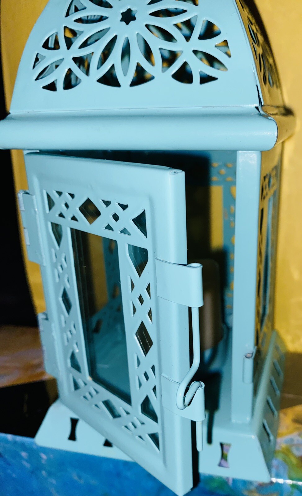 Moroccan Glass and Metal Lantern Indoor/Outdoor Decor w/ Baytery Candle
