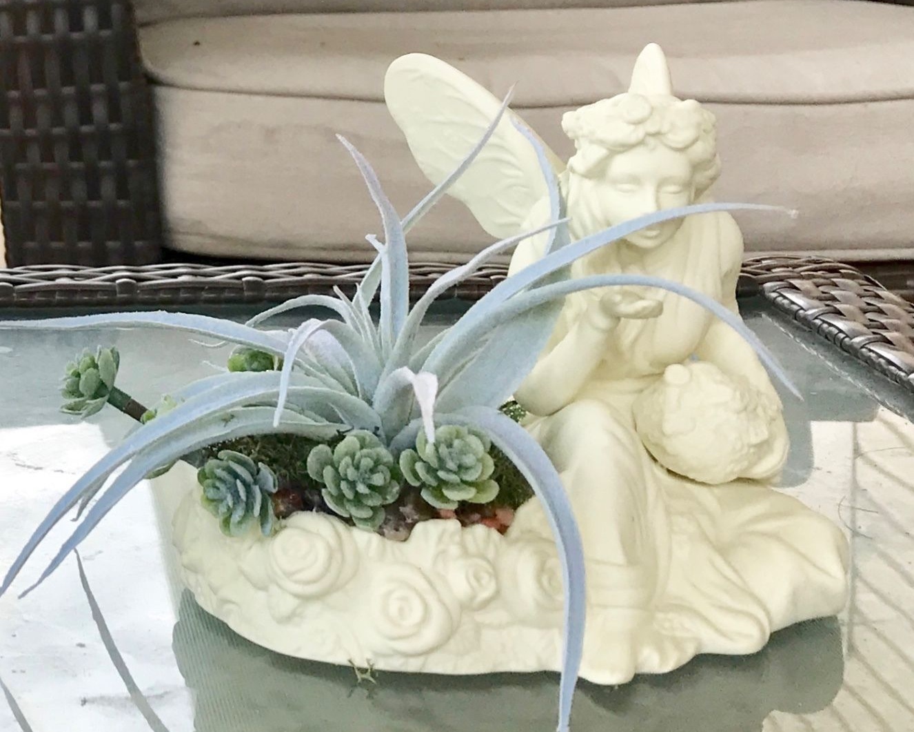 Decorative Ceramic White Seated Angel with Flower Basket Green Grass Succulent