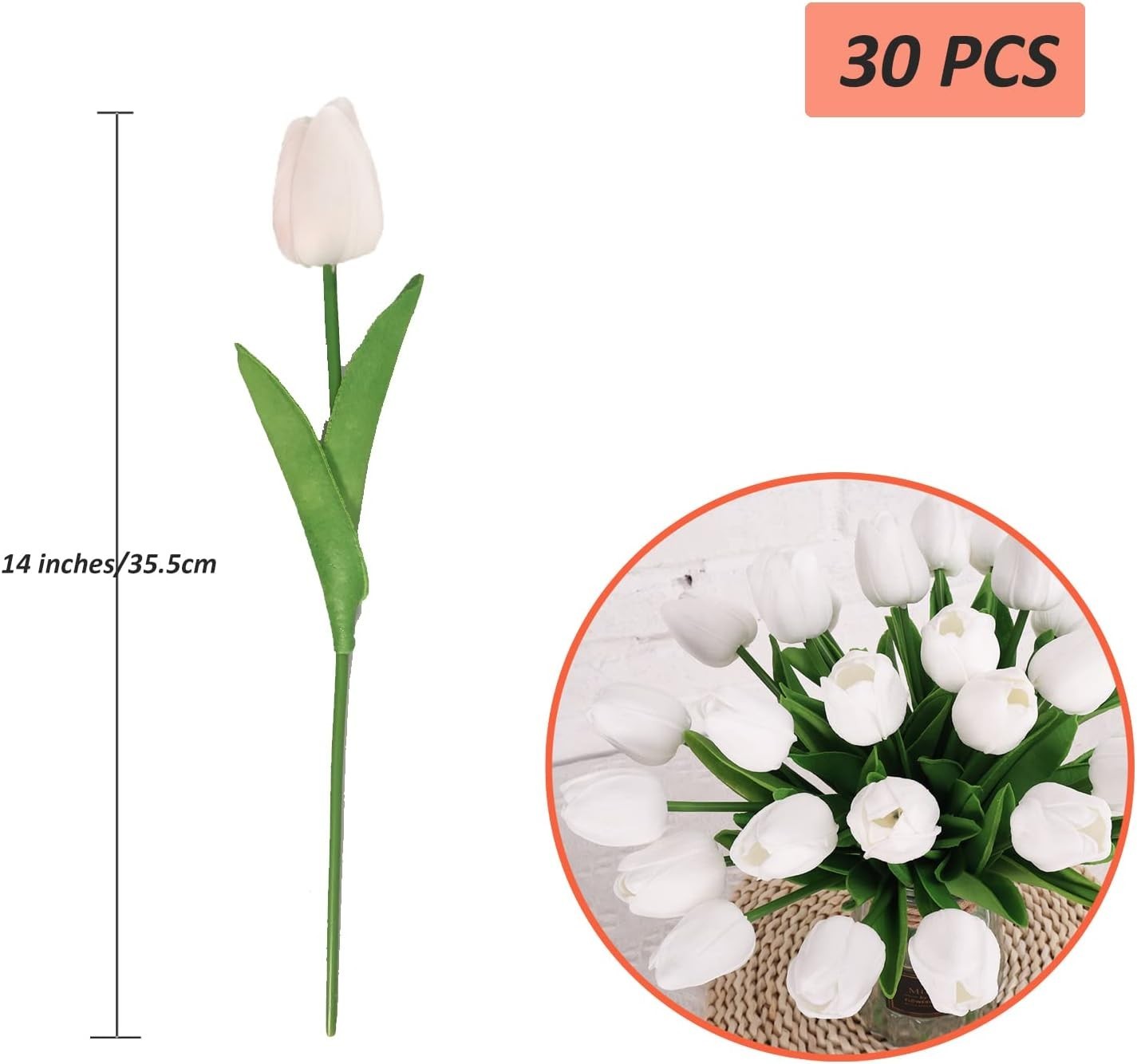 Fake Tulips Flowers for Wedding Party Decor, 30pcs White