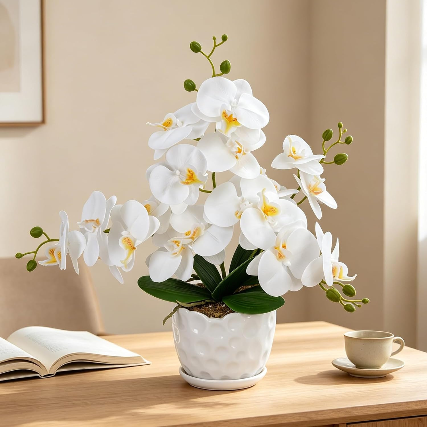 17″ Orchids Artificial Flowers White Fake Orchid Plant with Ceramic Pot Real Tou