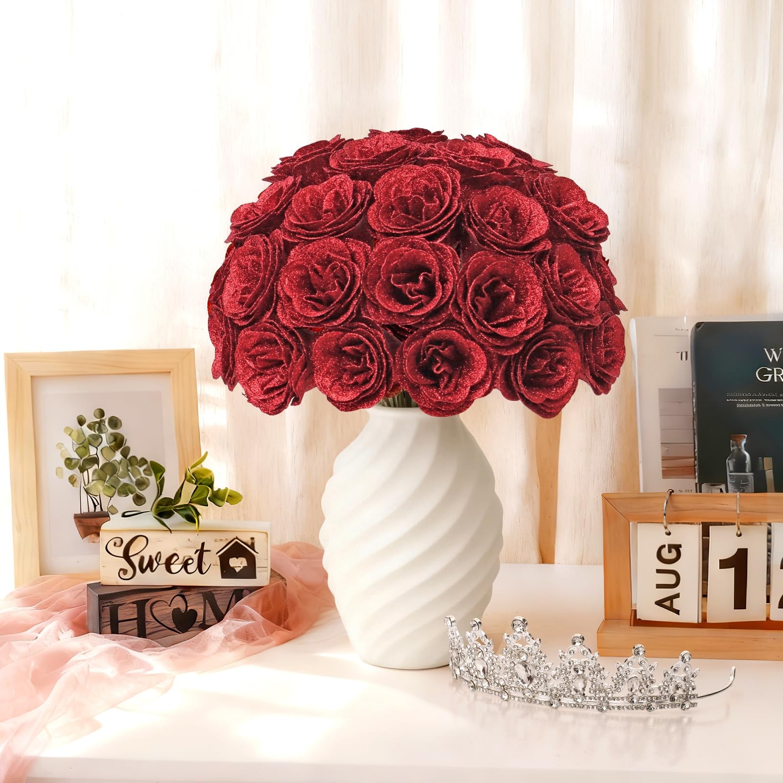 24 PCS Red Glitter Roses Bouquet Fake Flowers With Birthday StandUp Signs DIY
