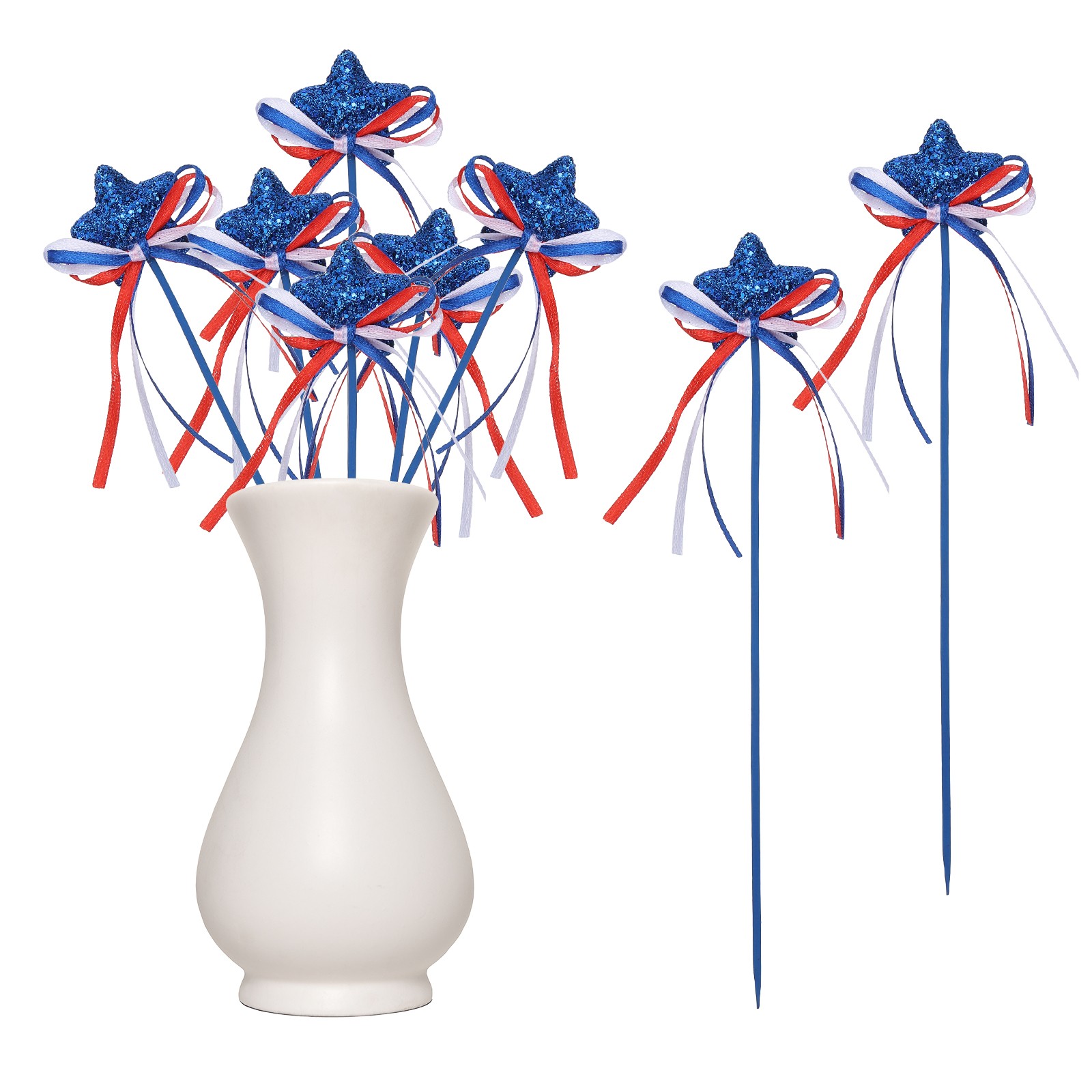 6 Pcs 4th of July Glitter Star Picks 8″ Sparkly Sticks with Bowknot (Navy Blue)