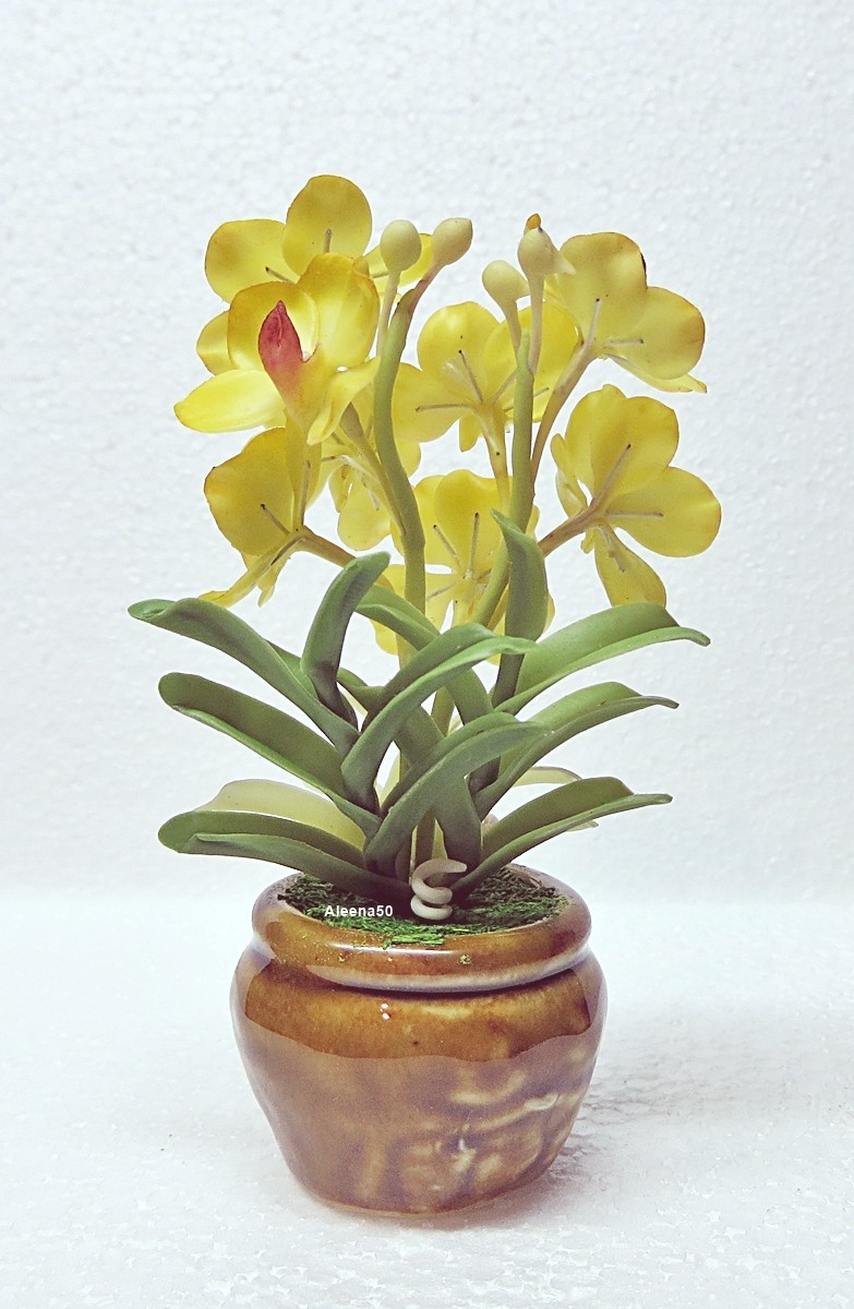 US Stock 4″H Handmade Air-Dry-Clay Artificial Mini Dendrobium Orchid Arranged
