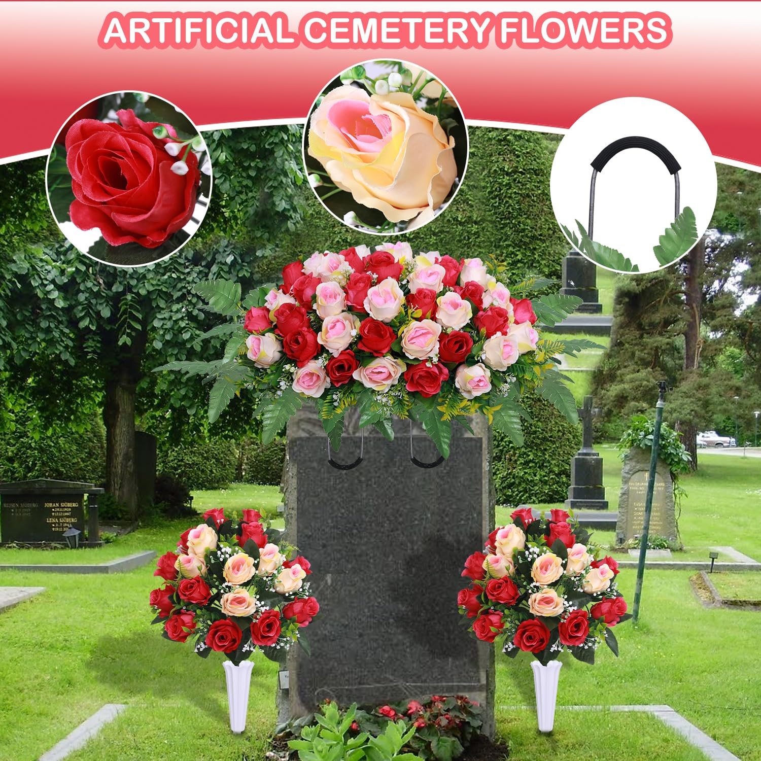 Artificial Cemetery Flower Saddles 3 Pcs Rose Red White Outdoor Memorial Flowers