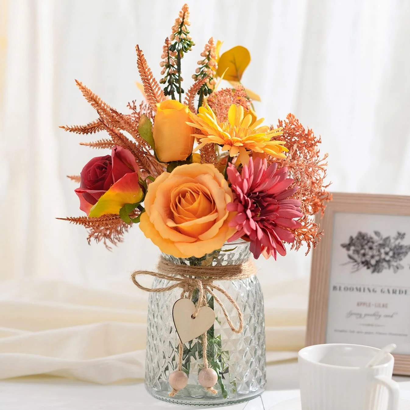 Artificial Flowers with Vase, Faux Silk Flowers Arrangement in Vase, Rustic Home