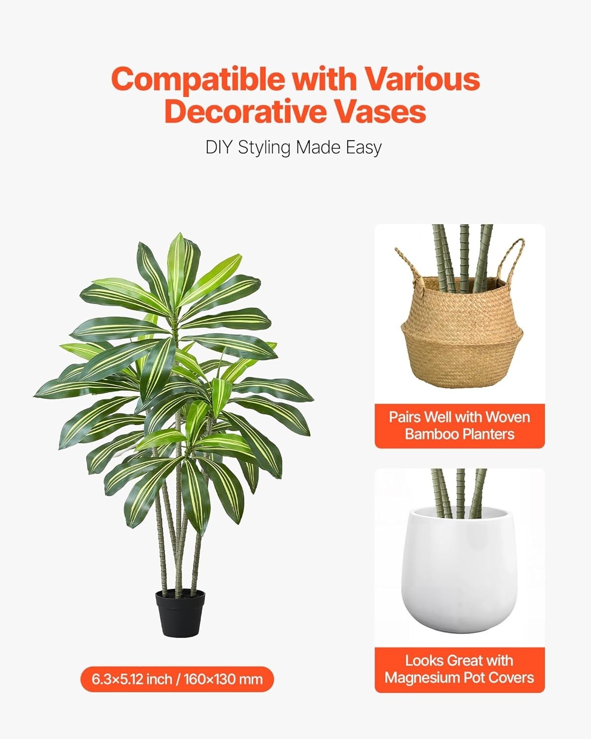 Artificial Dracaena Tree 5 Ft, Fake Palm Tropical Plants with White Tall Planter