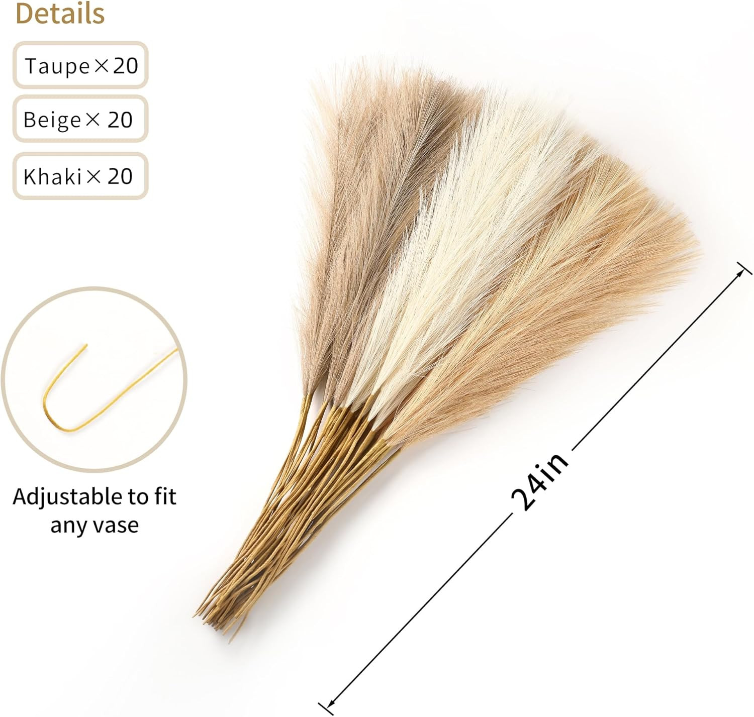 60pcs Pampas Grass Decor – 24 Inch 60 Pieces, Taupe & Beige Khaki