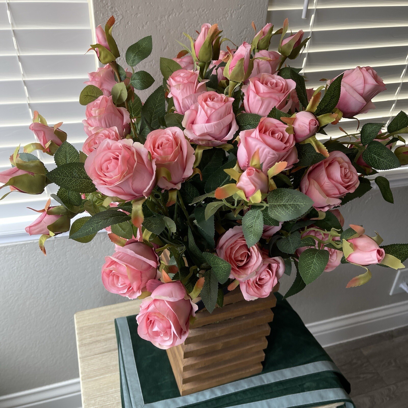 New Natural Wooden Brown Basket + 33 Silk Roses | Basket Flowers
