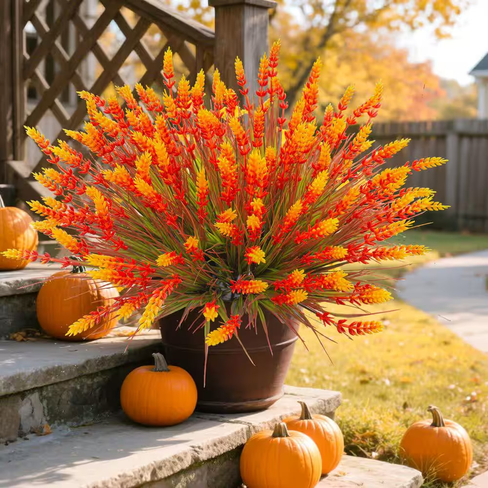 5 In. H Orange Artificial Mums Flowers 20-Piece UV Resistant Outdoor Fake Plants