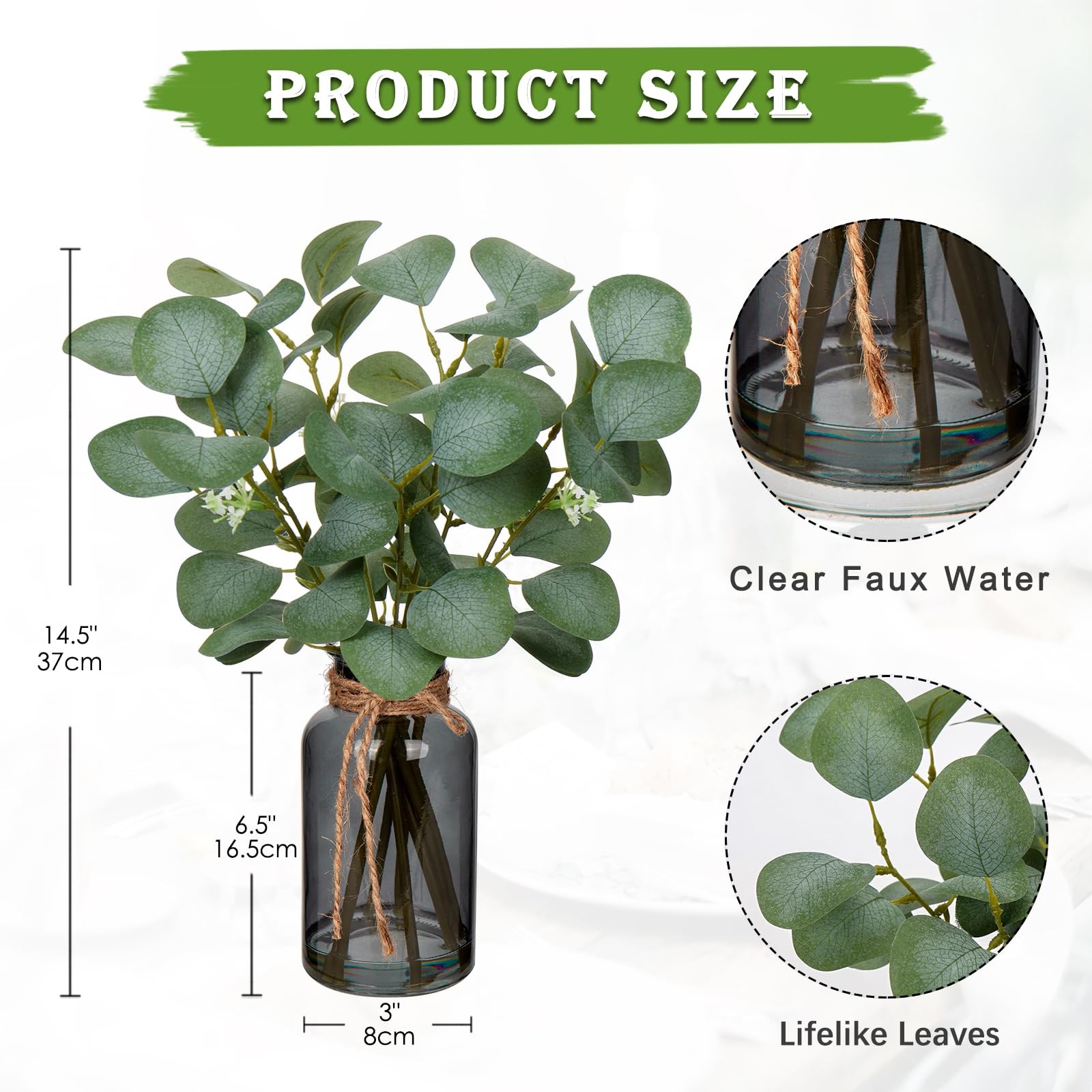 Artificial Eucalyptus Stems in Black Glass Vase with Faux Water, 14″ Fake Pla…