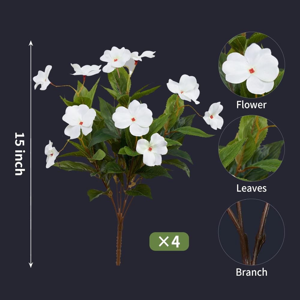 Artificial Plants Outdoor,4PCS 7Branches Fake Impatiens Artificial Flowers fo…