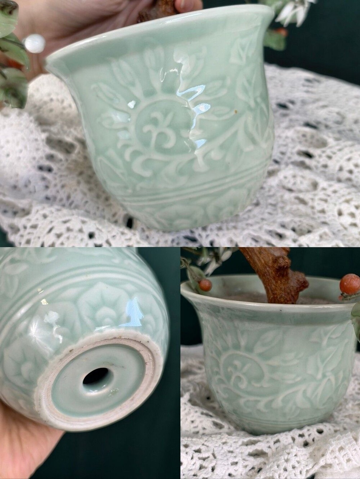 Vintage Large Jade Glass Bonsai Flower Tree in Celadon Vase