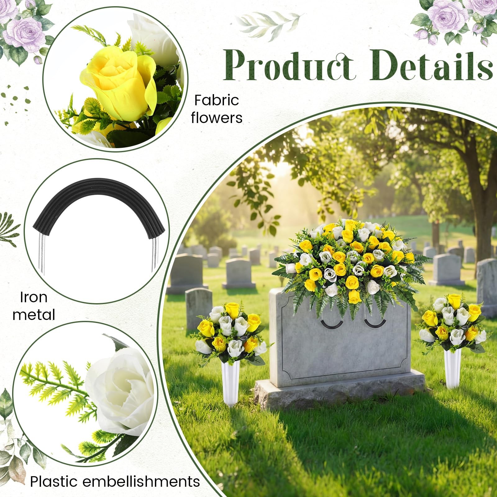 3 Pcs Artificial Cemetery Flowers for Grave Set 19.7″x13.8″ 1 Headstone Flowe…
