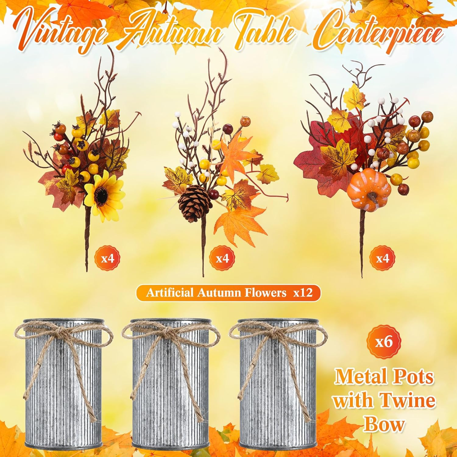 Autumn Harvest Centerpiece Set with Pumpkins & Flowers for Rustic Home Decor
