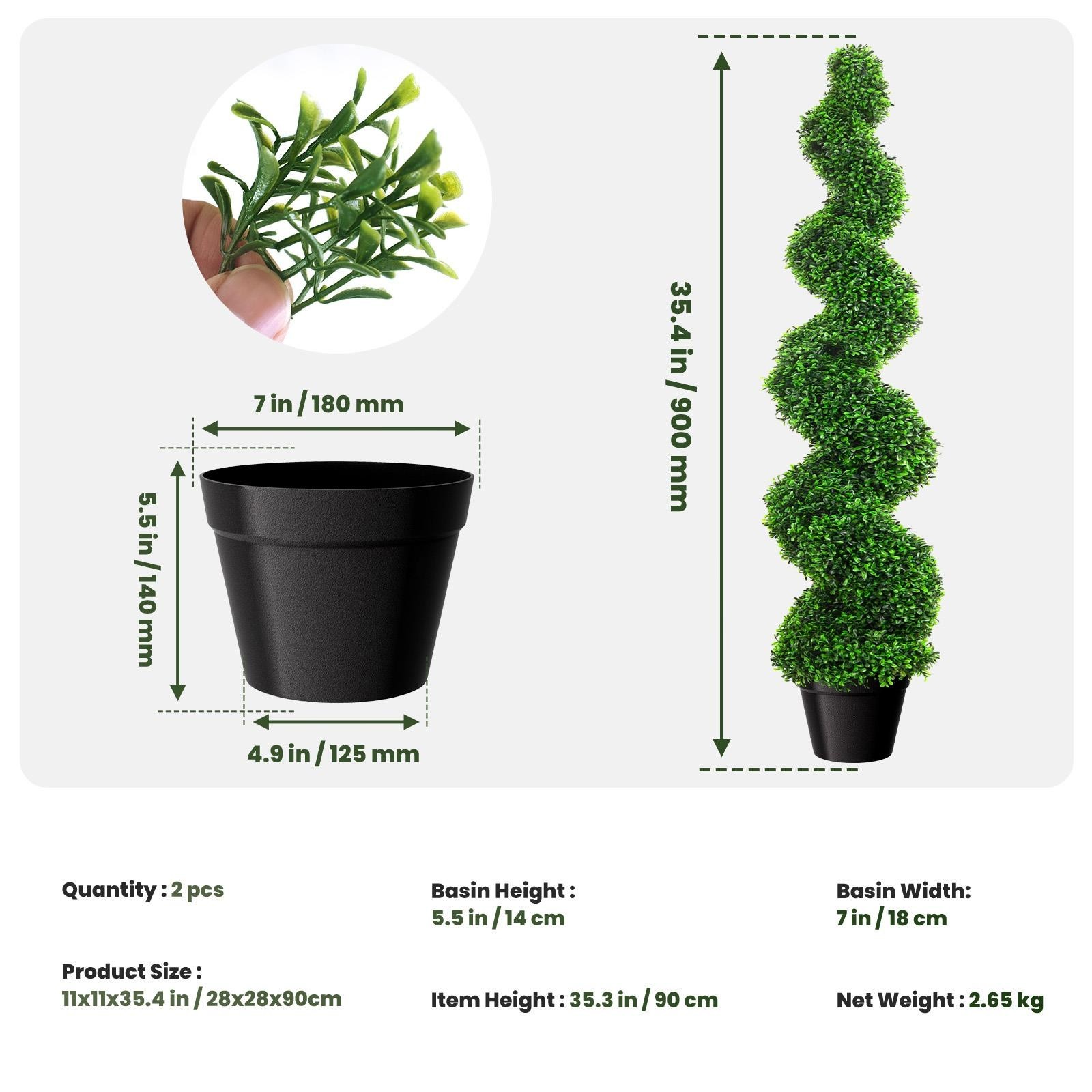 3FT 2 PCS Realistic Artificial Spiral Boxwood Topiary Trees w/Durable Pot
