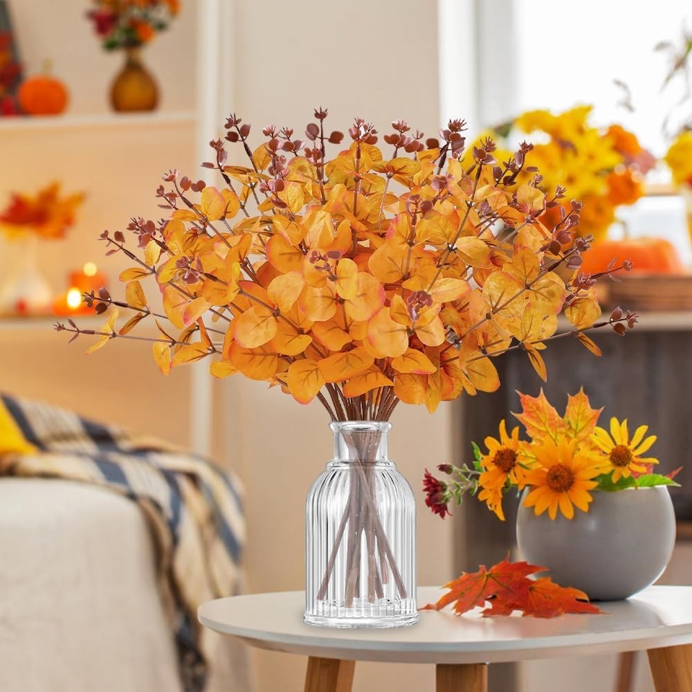 12 Pcs Orange Eucalyptus Stems – Fall Artificial Flowers for Autumn Decoration