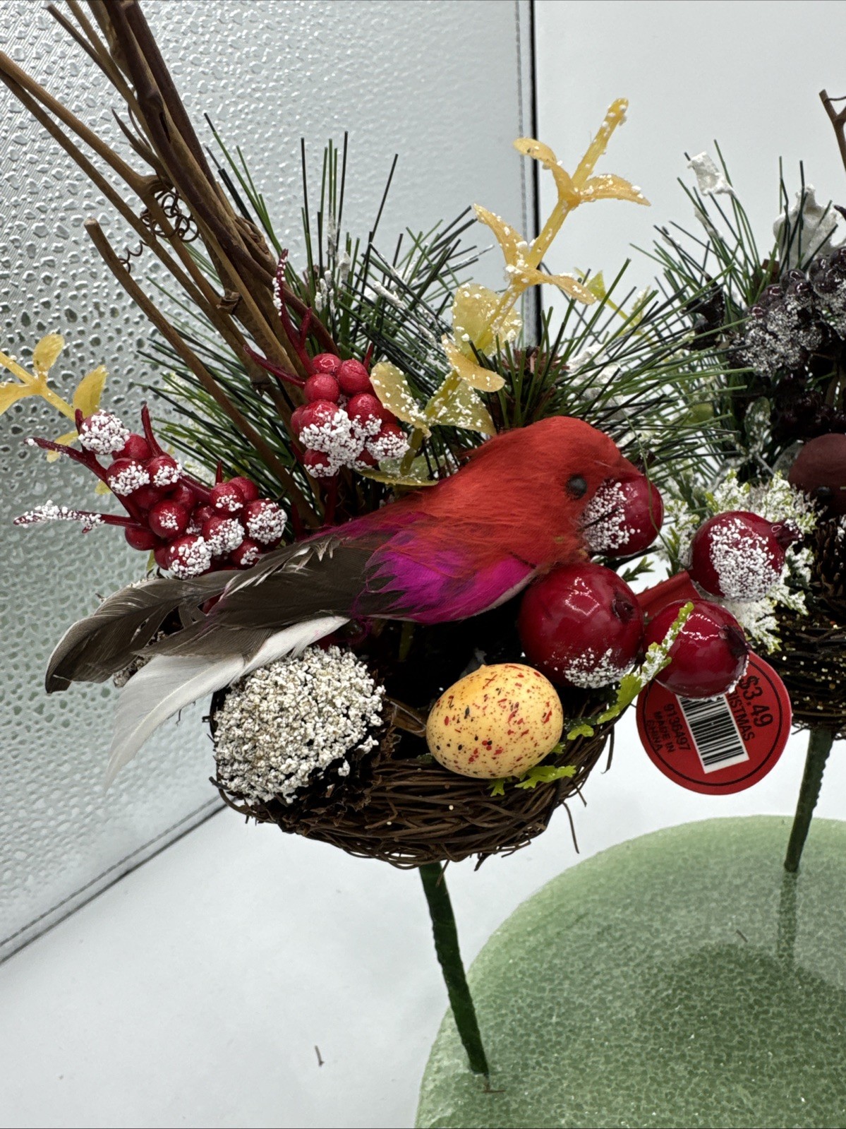 4 Vintage Cardinal Nest Faux Stems Stick Pinecone Berries Egg 9” Snow