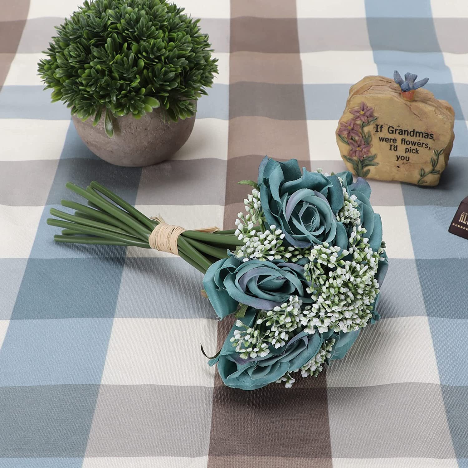 4 PCS Bouquet Dark Green Rose Fake Artificial Flowers with 24 Heads Decoration