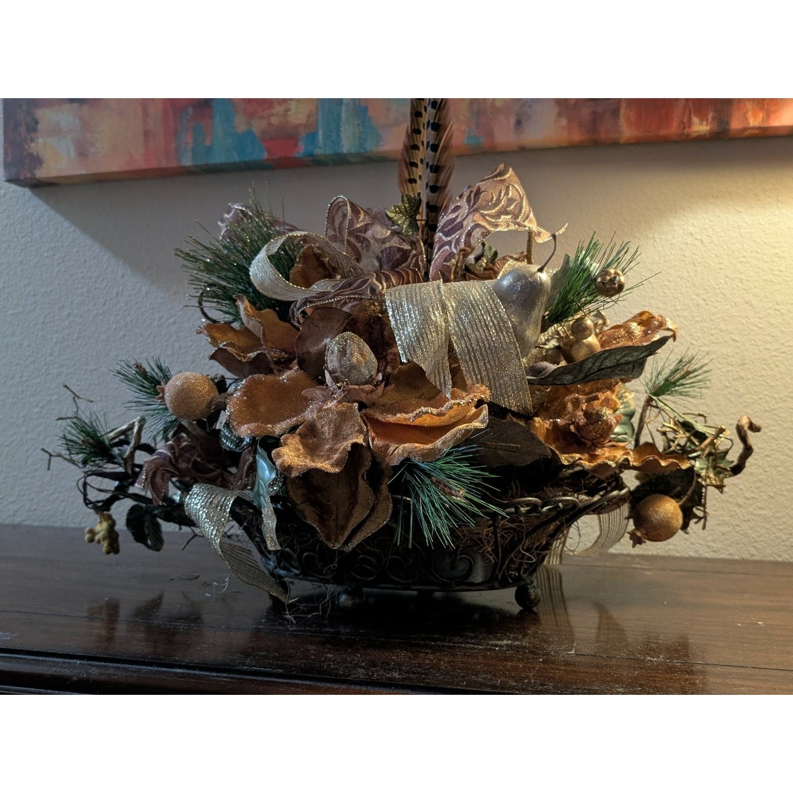 Rust Tan Gold Floral Autumn Fall Thanksgiving Centerpiece Pheasant Feathers