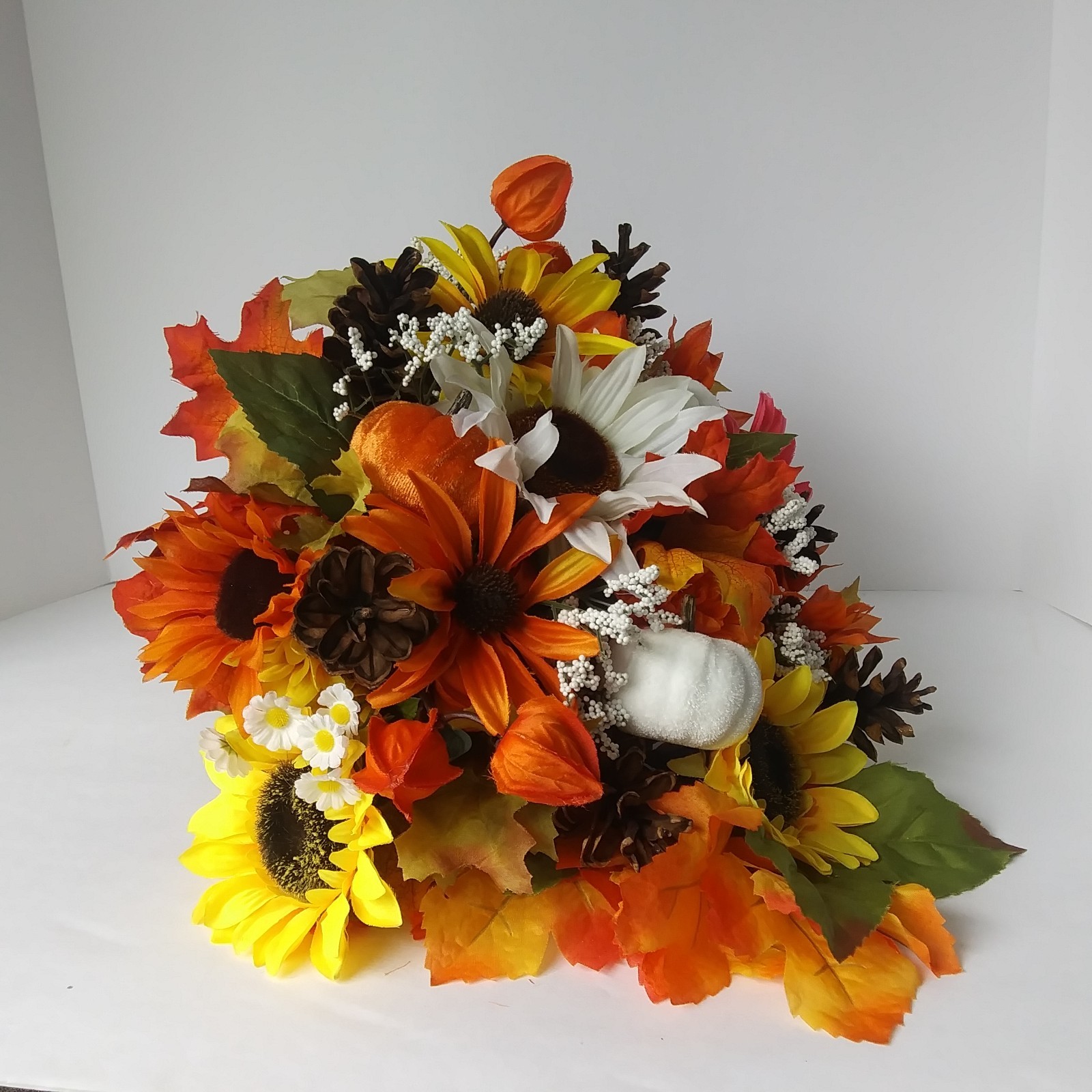 Fall Cornucopia Centerpiece Sunflowers Pinecones Maple Leaves Harvest Decor