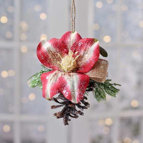 Set of 4 Sparkling Pine Cone 5″ Ornaments with Flower Accent & Burlap Bow