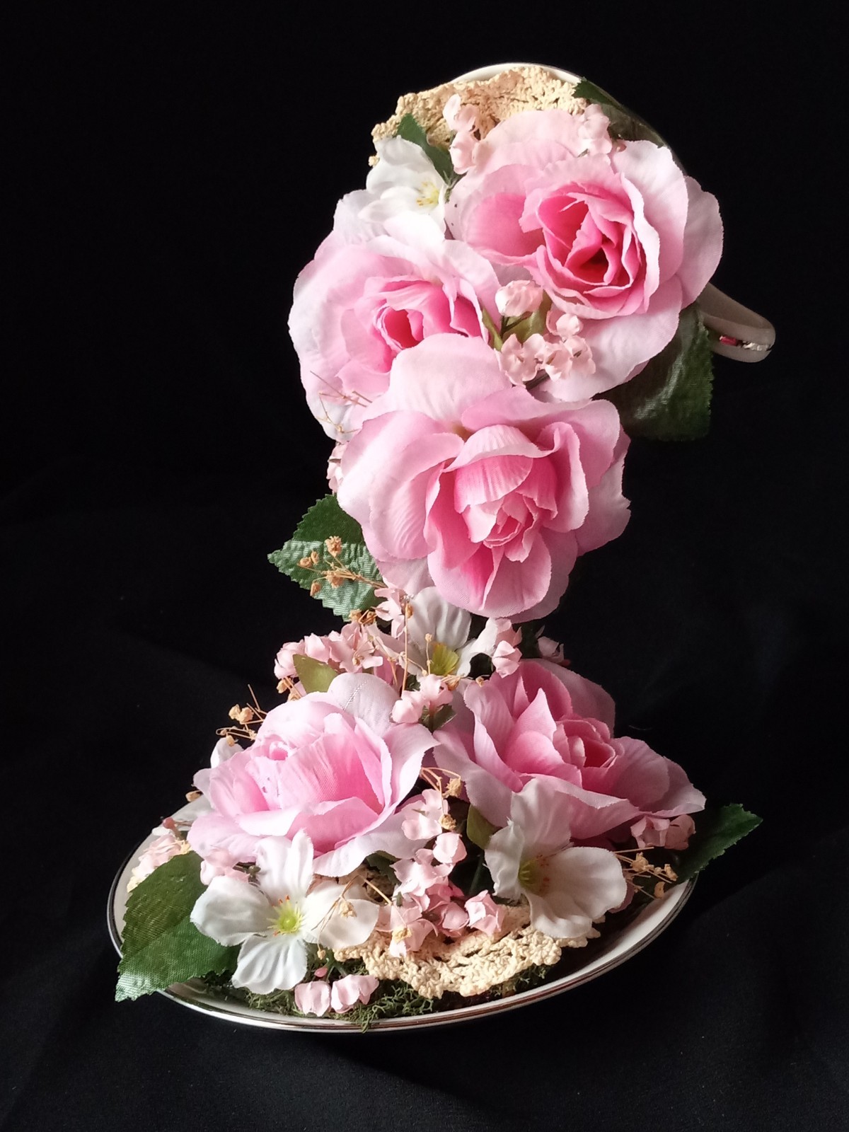 New Floral China Floating Teacup W Pink Floral Arrangement 8″ Tall #B FL#2