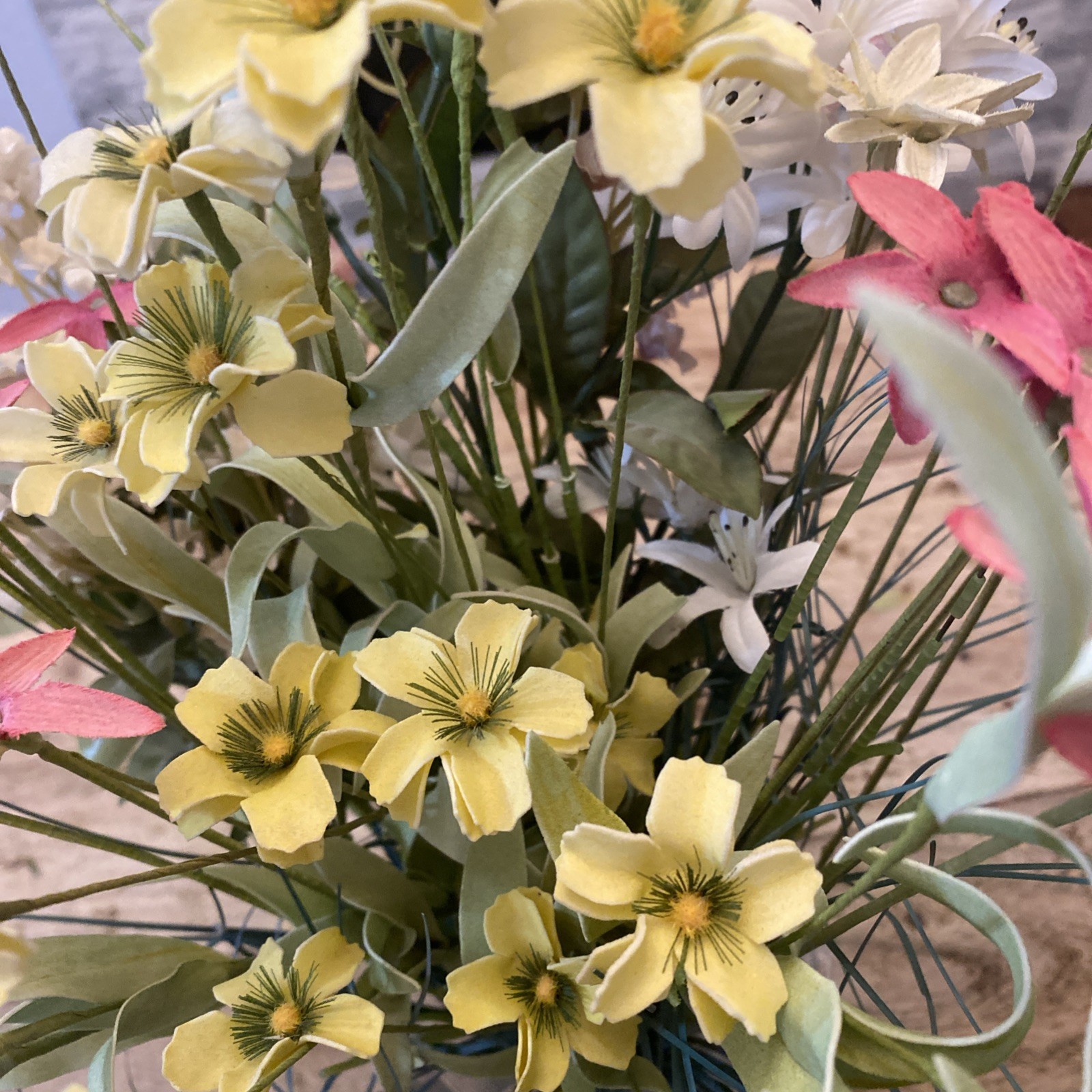 ARTIFICIAL FLOWERS ONLY… YELLOW, WHITE, PINK, LIGHT PINK, AND GREENERY NO VASE