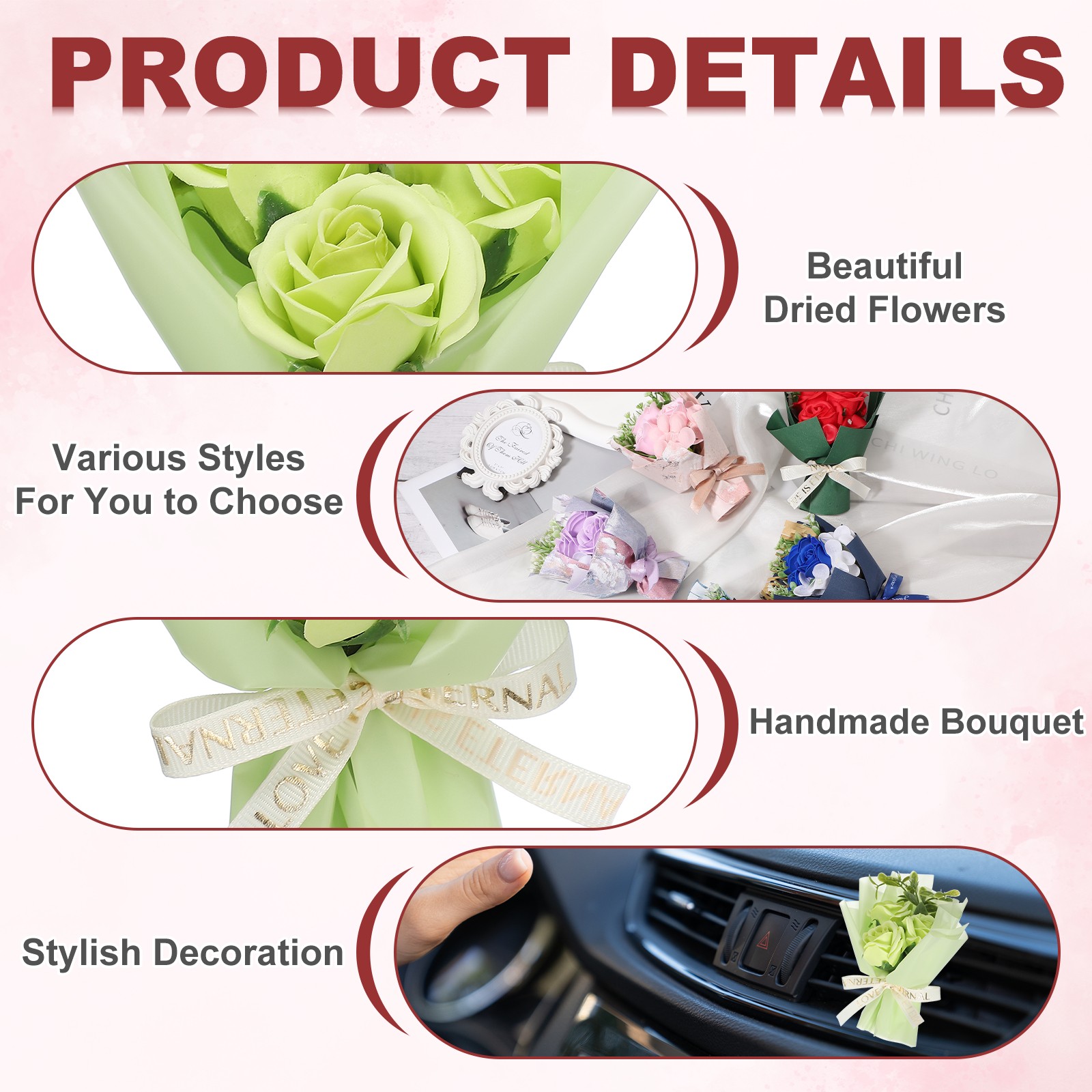Light Green Rose Dried Flower Bouquet, Car Vent Clip Scent Diffuser, Style 5