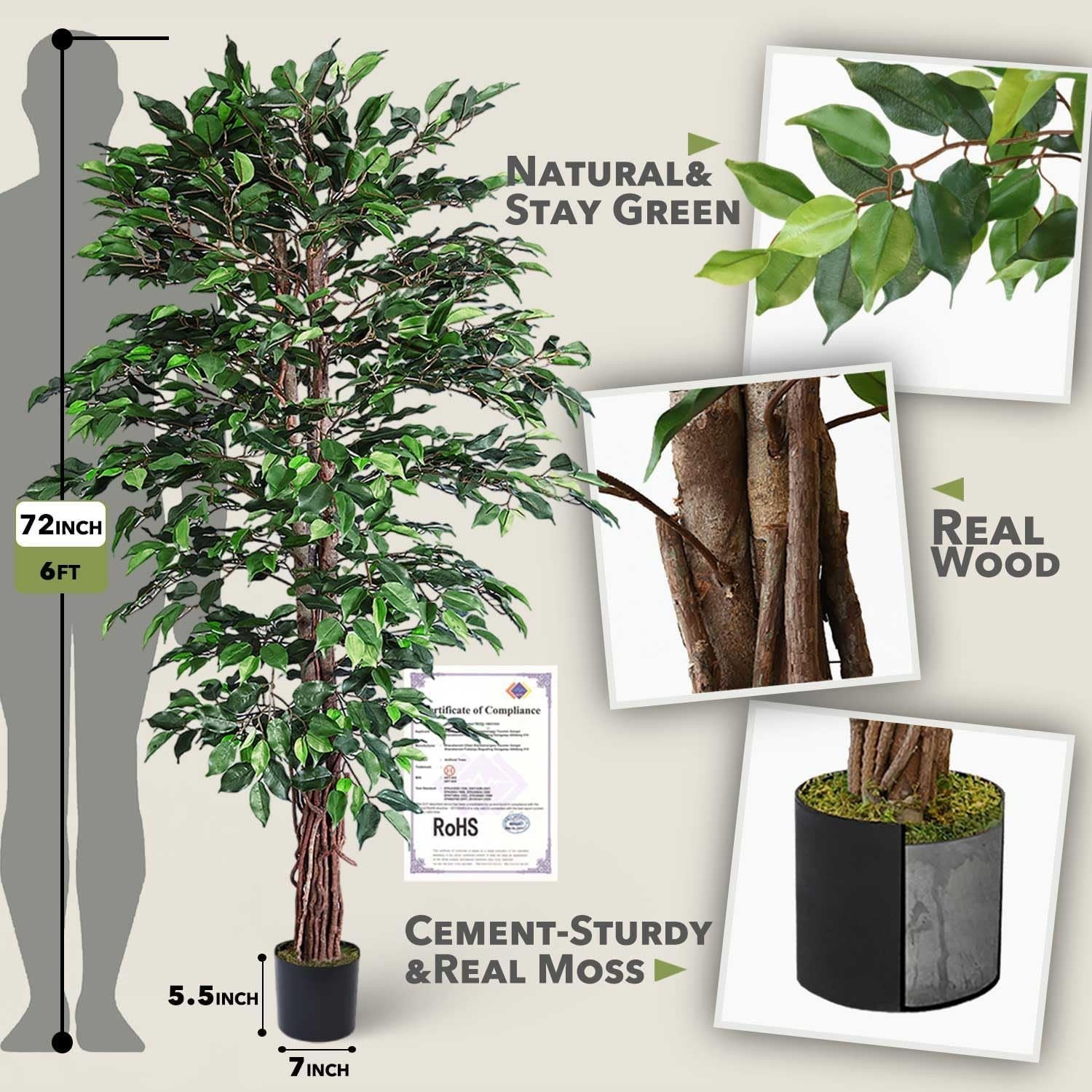 6ft Faux Ficus Silk Tree with Pot for Indoor Outdoor