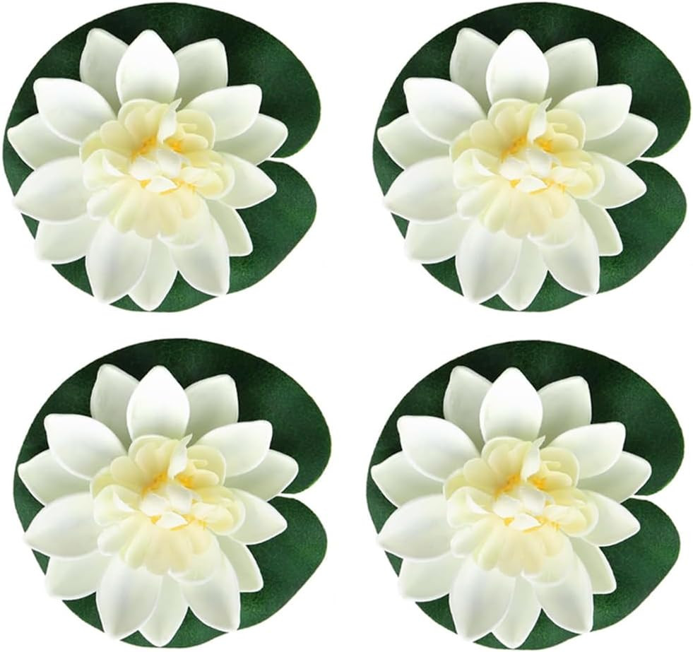 4 Pcs Artificial Floating Foam Lotus Flower with Water Lily Pad, Lifelike Orname