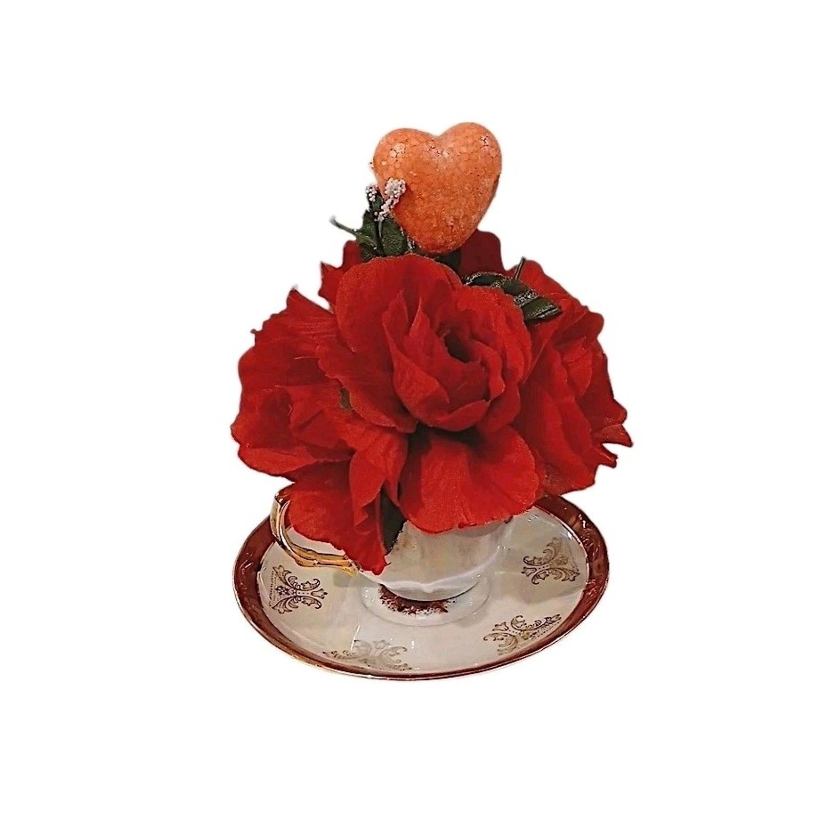 English Red Rose Floral Arrangement Tea Cup POP-IN Sparkle Heart Valentine Love