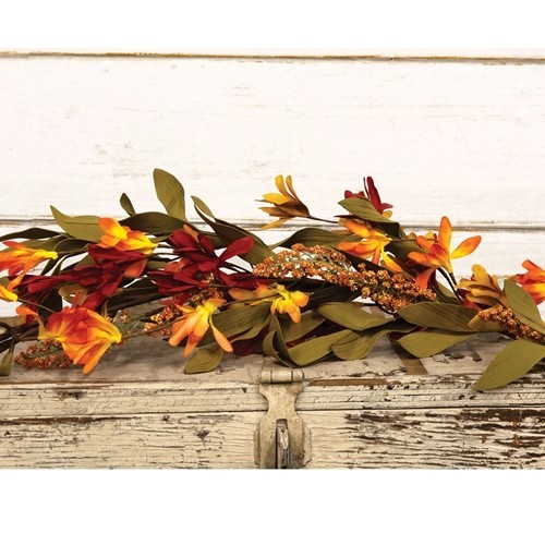 New Primitive Farmhouse FALL BRIGHT FLOWERS LEAVES GARLAND Vine Swag 48″